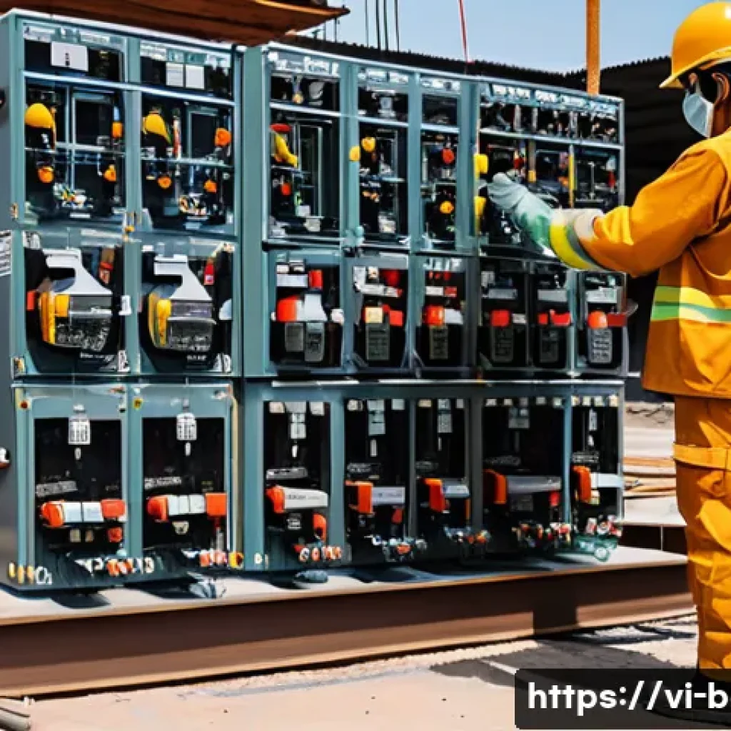 건축전기설비기사 전기안전 관리 실무 - A detailed construction site scene in Vietnam featuring electricians wearing full personal protectiv...