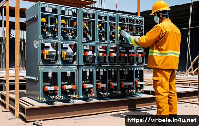 건축전기설비기사 전기안전 관리 실무 - A detailed construction site scene in Vietnam featuring electricians wearing full personal protectiv...