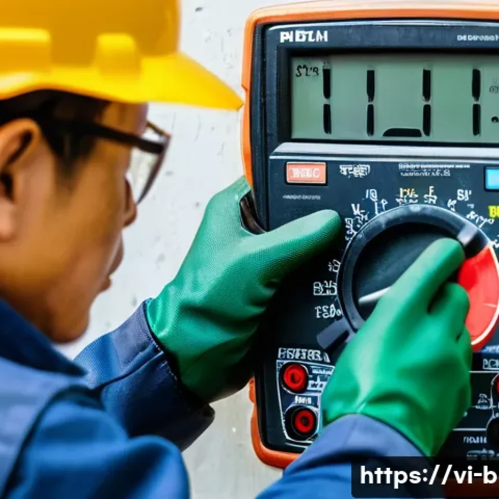 건축전기설비기사 실기 장비 사용법 - A detailed close-up of a Vietnamese electrician using a digital multimeter to measure voltage on an ...