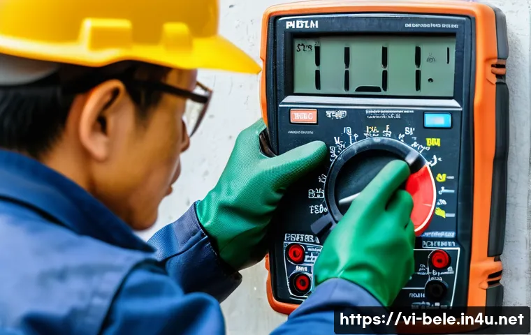 건축전기설비기사 실기 장비 사용법 - A detailed close-up of a Vietnamese electrician using a digital multimeter to measure voltage on an ...