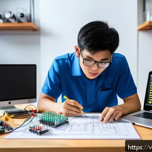 Home 30 건축전기설비기사 시험 실기와 이론의 균형 - A detailed scene of a Vietnamese electrical engineering student in a modern home workshop, wearing c...