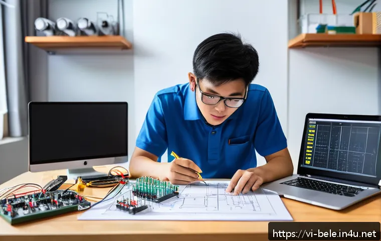 건축전기설비기사 시험 실기와 이론의 균형 - A detailed scene of a Vietnamese electrical engineering student in a modern home workshop, wearing c...