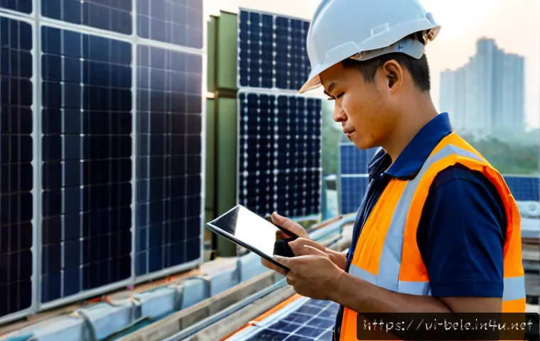 Home 17 건축전기설비기사 산업 트렌드와 변화 - Photorealistic Vietnamese electrical engineer in safety helmet and reflective vest inspecting a mode...